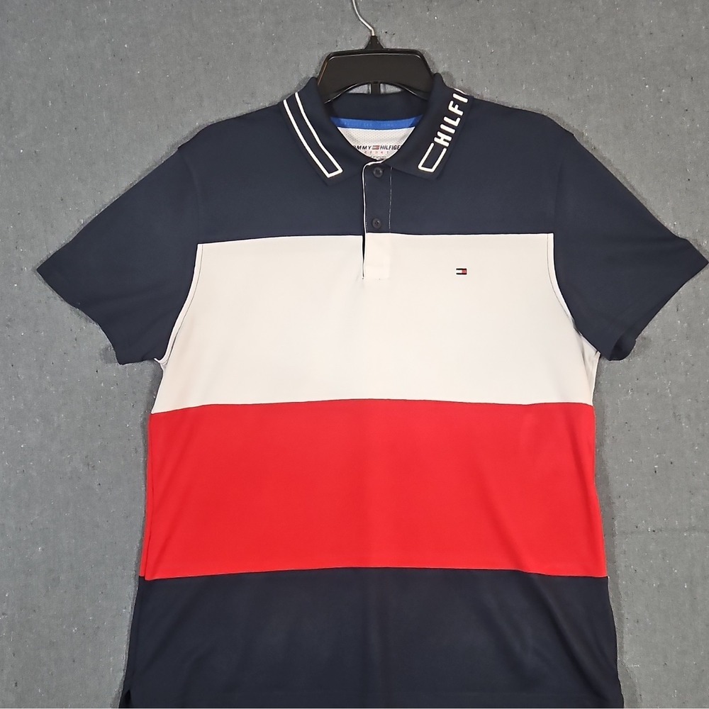 Tommy Hilfiger Sport Men's Polo Shirt M Navy White Red Colorblock Short Sleeve